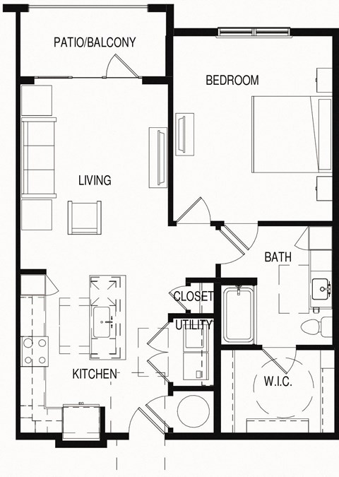 Floor plan for 1 bed, 1 bath, 866 sqft
